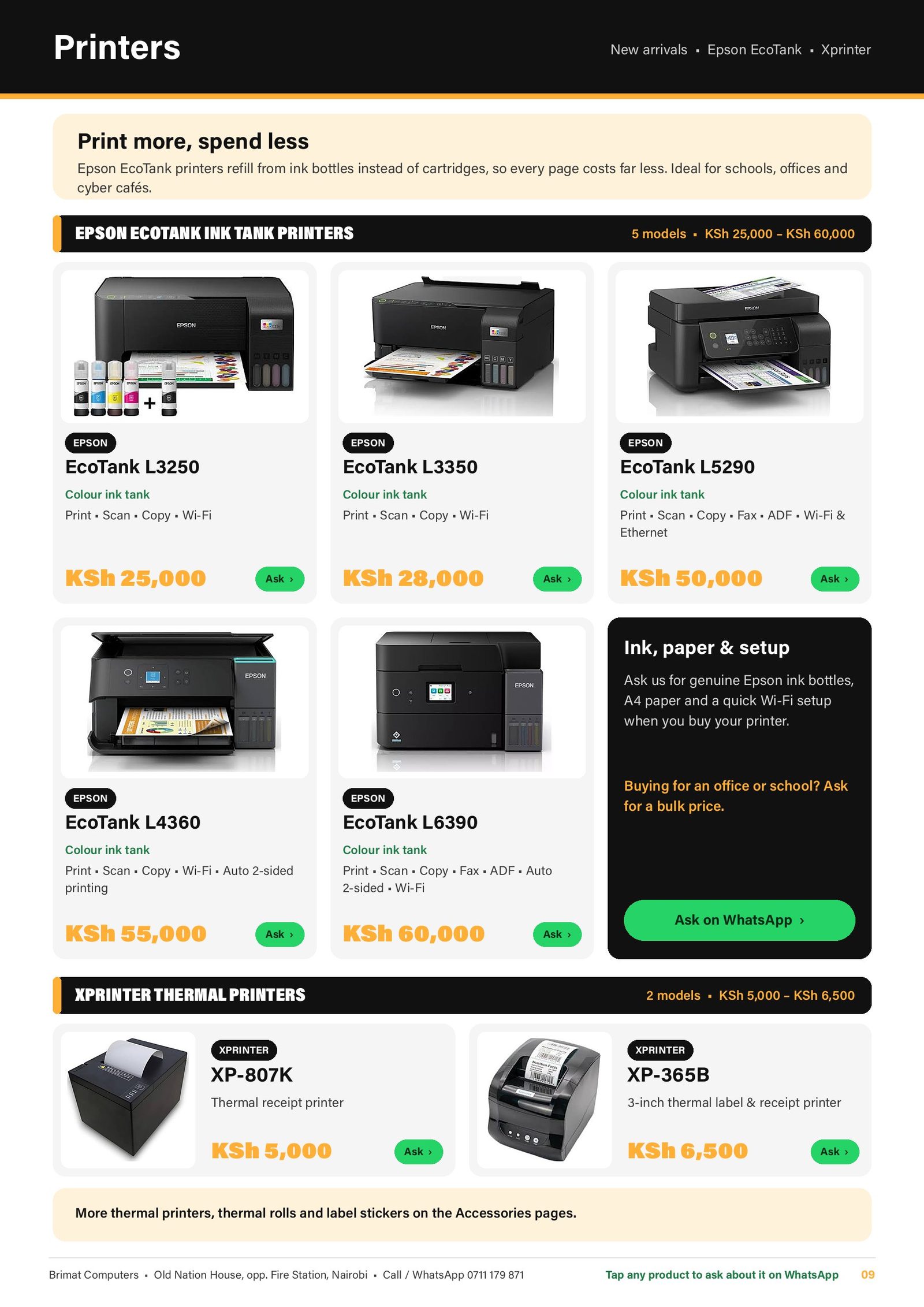 Printers: Epson EcoTank L3250, L3350, L5290, L4360, L6390 and Xprinter XP-807K, XP-365B